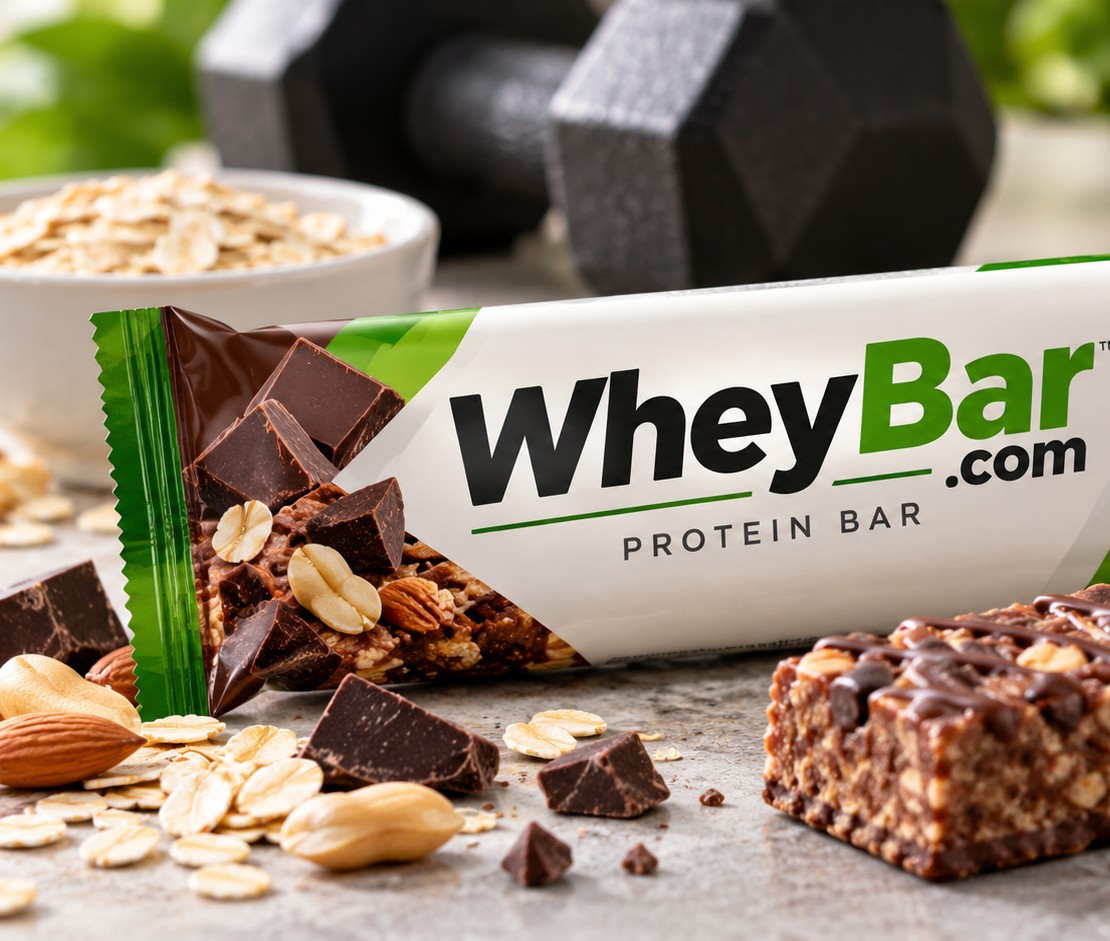 Illustrative WheyBar protein bar packaging concept with a white and green wrapper, chocolate and oats